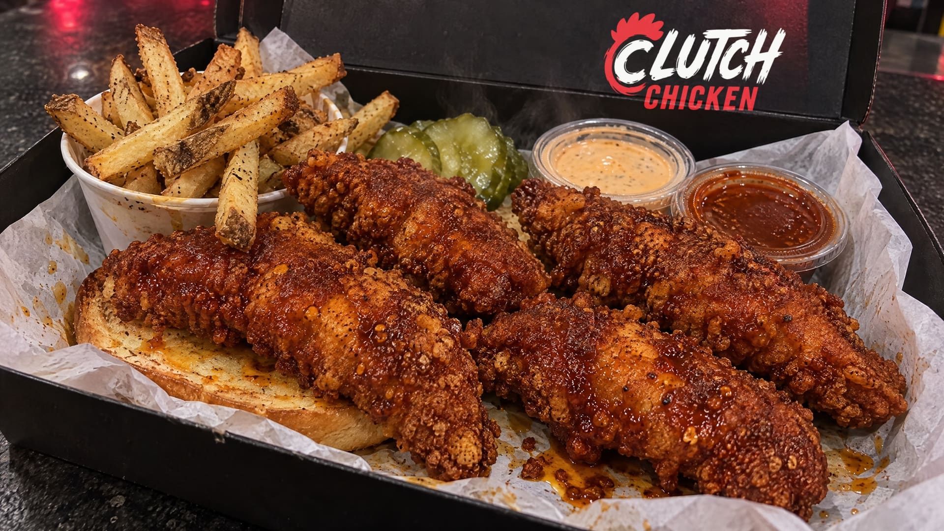 Open Clutch Chicken box: four Nashville hot tenders over brioche, fries, pickles and two sauces